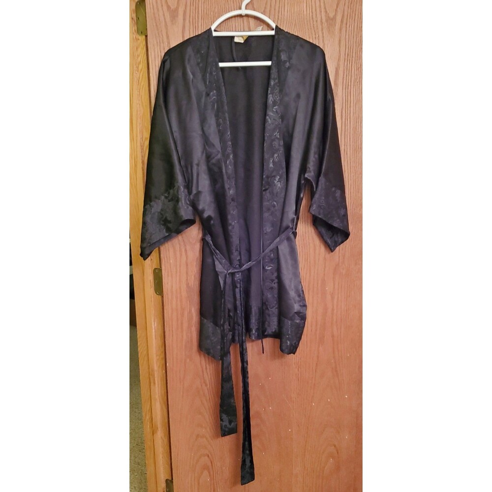 Vtg Victoria's Secret Robe Black Satin Belted Gold Label Damask Wide Sleeve OSFA
